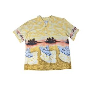 KY'S Men XXL Button Front Shirt Yellow Cotton Hawaiian yacht palm trees sunset